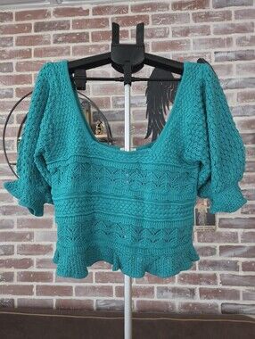 BiBi Teal Knit Puff-Sleeve Crop Top